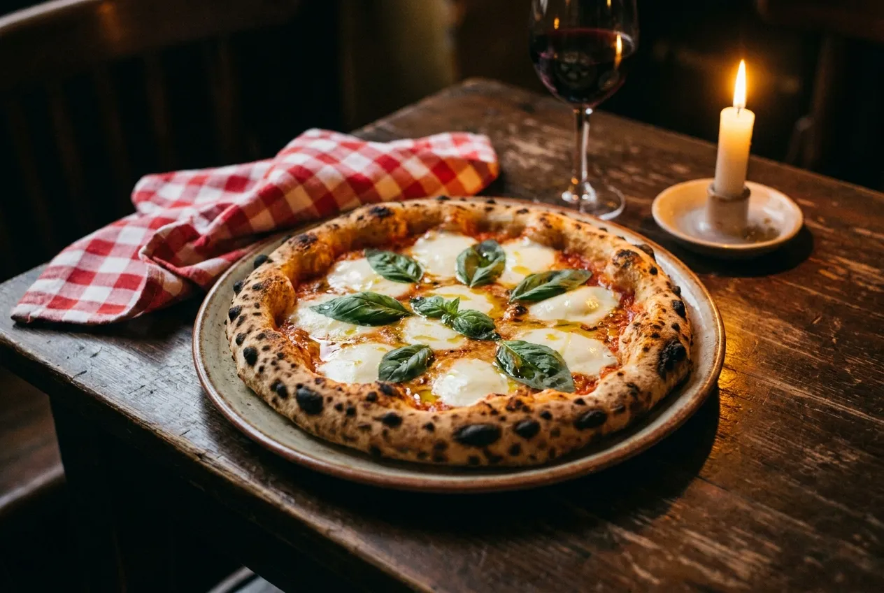 Rustikal servierte Pizza Margherita bei Kerzenlicht (Symbolfoto)